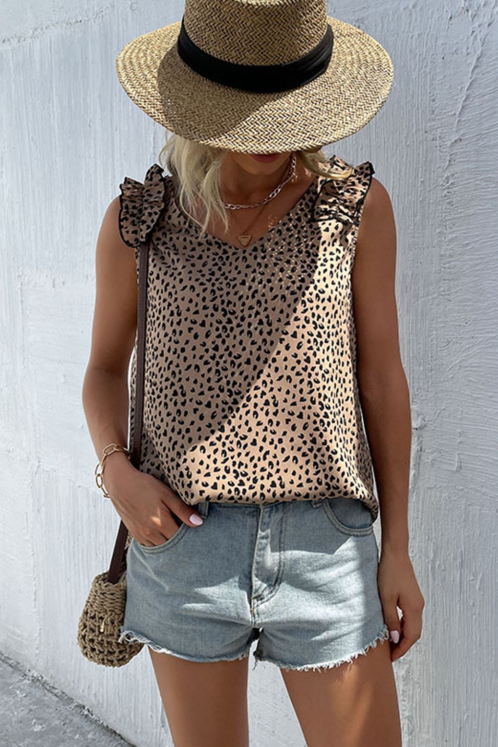 swvws Leopard Frill Trim V-Neck Tank