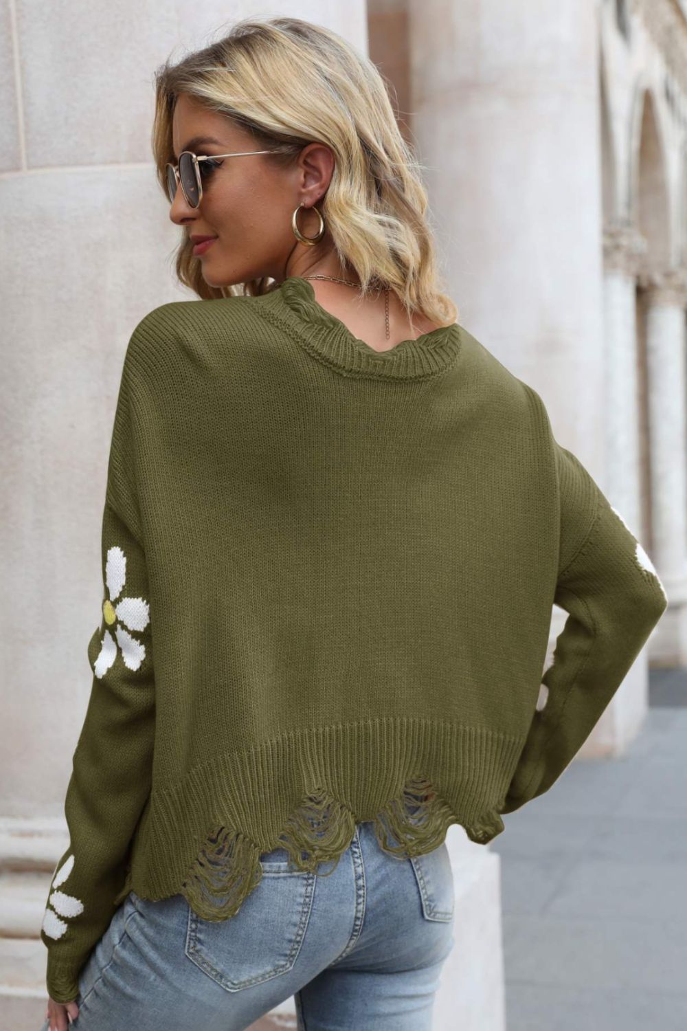 swvws Flower Distressed Ribbed Trim Sweater