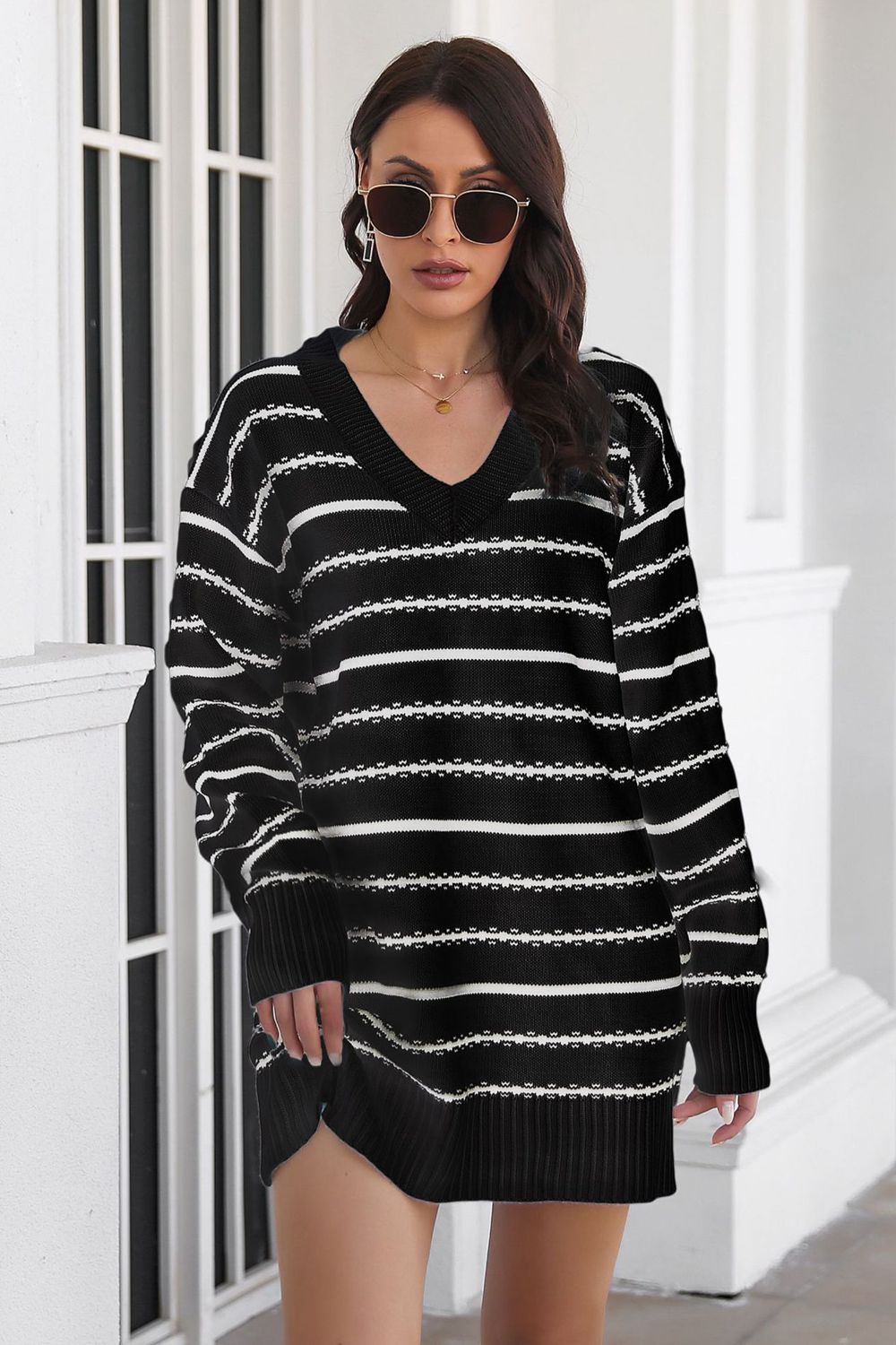 swvws Striped V-Neck Sweater Dress