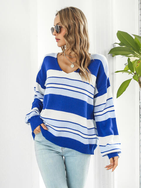 swvws Striped V-Neck Long Sleeve Knit Top