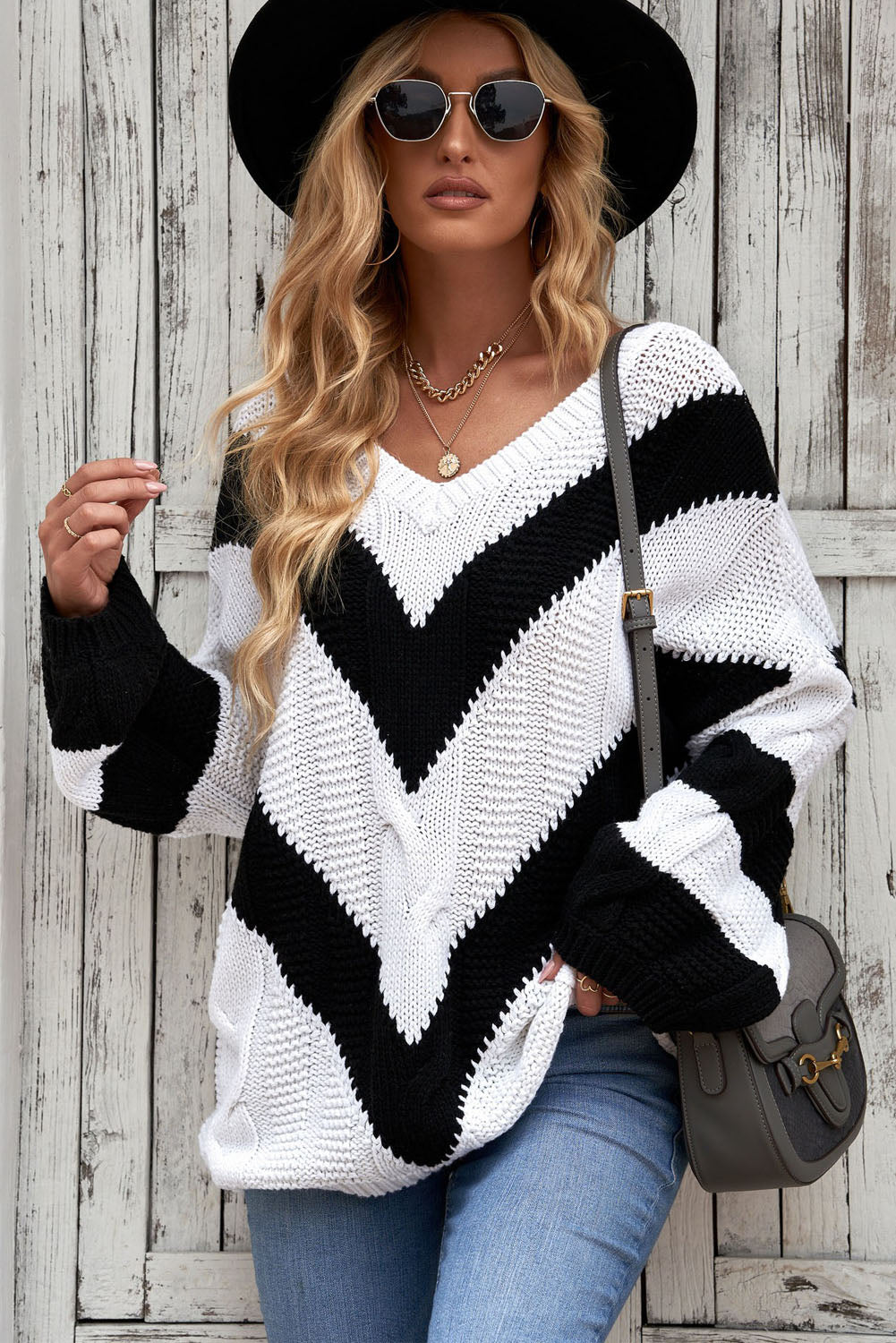 swvws Chevron Cable-Knit V-Neck Tunic Sweater