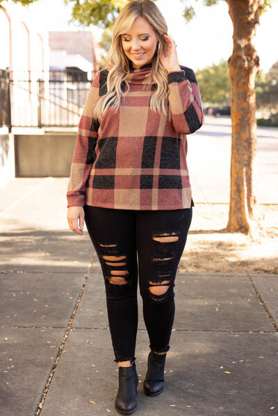 swvws Plus Size Plaid Cowl Neck Long Sleeve Sweatshirt