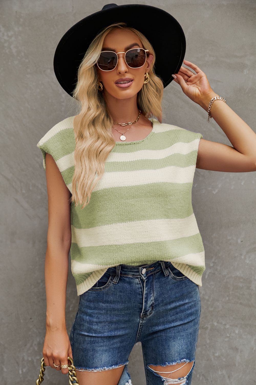 swvws Striped Round Neck Cap Sleeve Knit Top