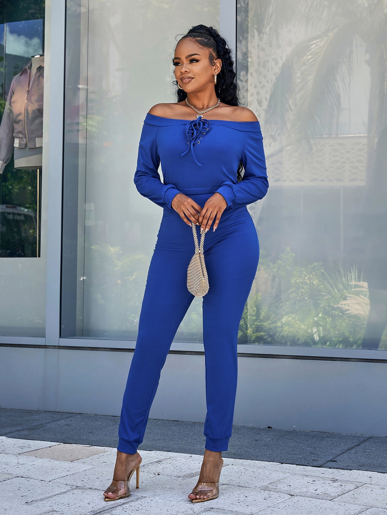 swvws Lace-Up Off-Shoulder Long Sleeve Jumpsuit