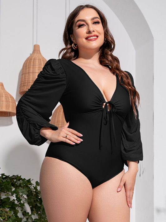 swvws Plus Size Tied Deep V Balloon Sleeve One-Piece Swimsuit