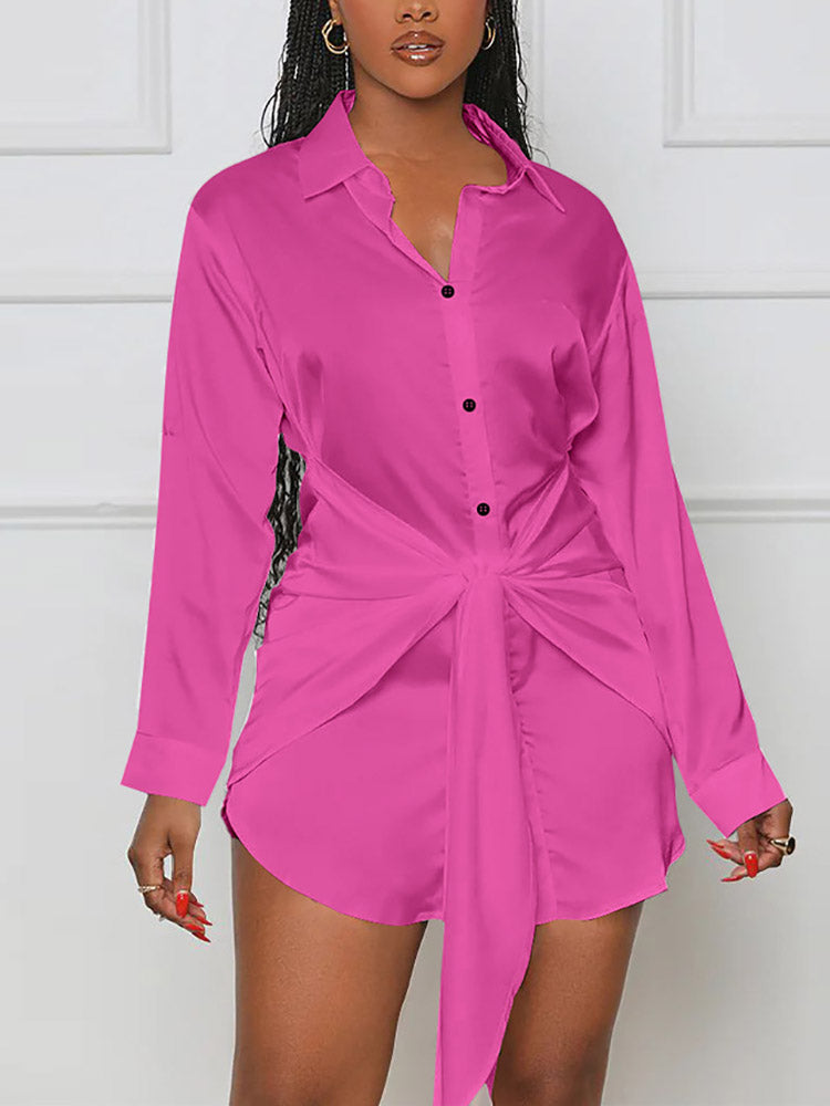 Sixsr Satin Tie Waist Shirts Dress