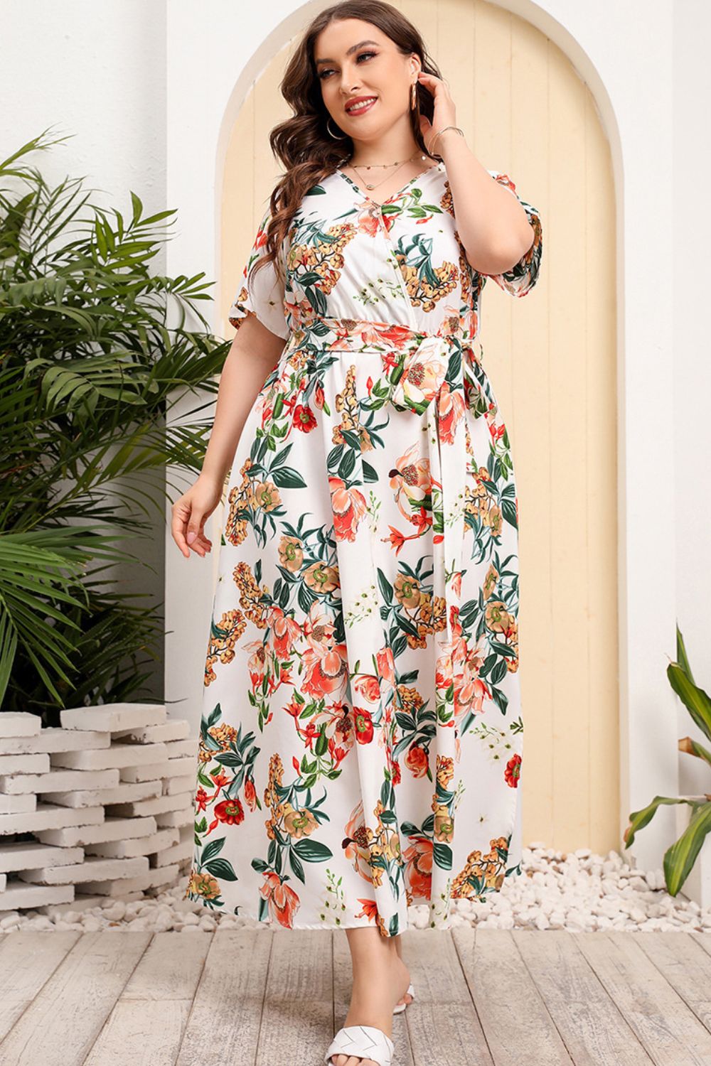 swvws Plus Size Printed Surplice Short Sleeve Maxi Dress