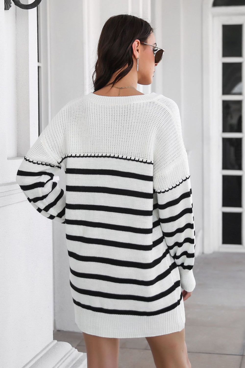 swvws Striped V-Neck Drop Shulder Sweater Dress