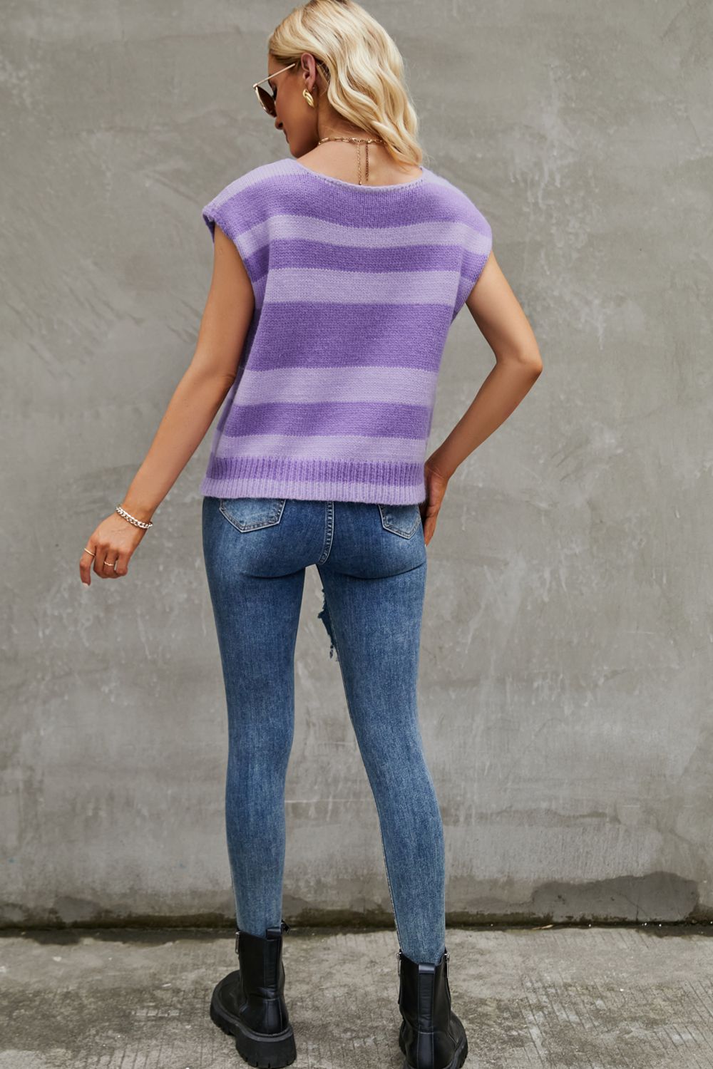 swvws Striped Round Neck Cap Sleeve Knit Top