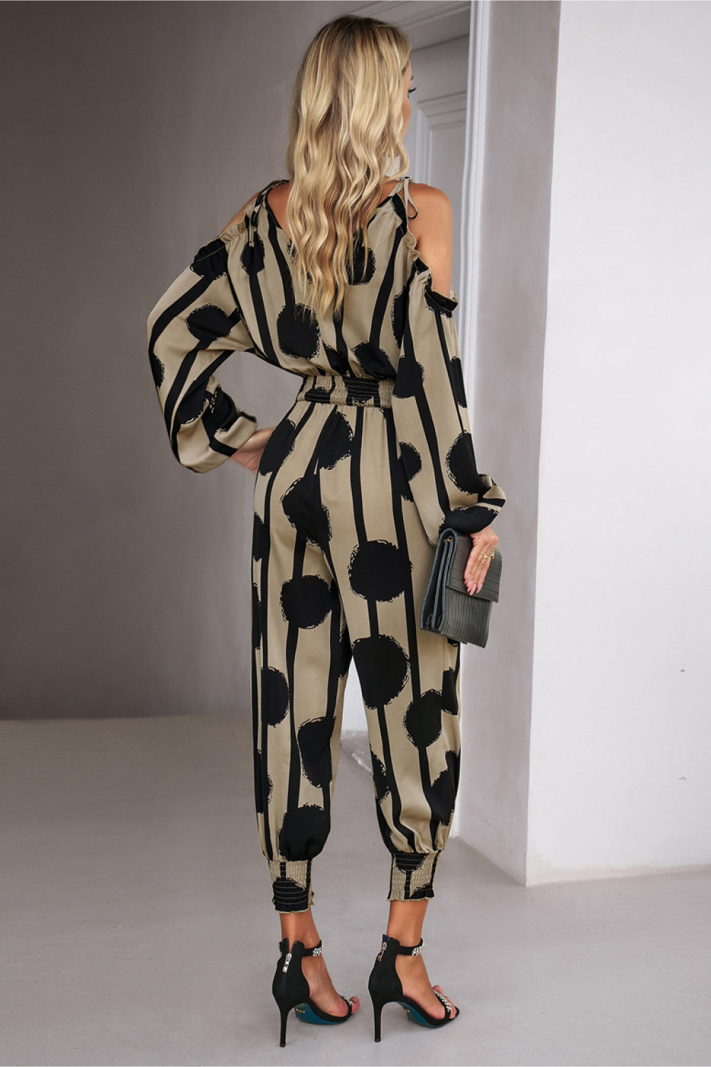 swvws Printed Cold-Shoulder Surplice Neck Jumpsuit