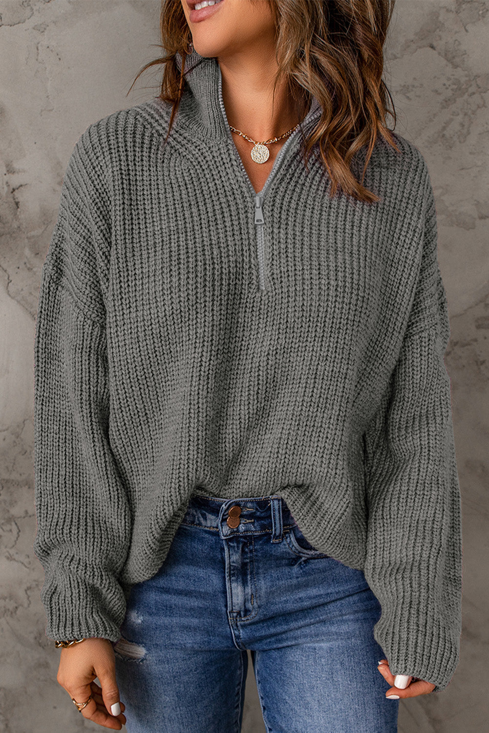 swvws Half Zip Rib-Knit Dropped Shoulder Sweater