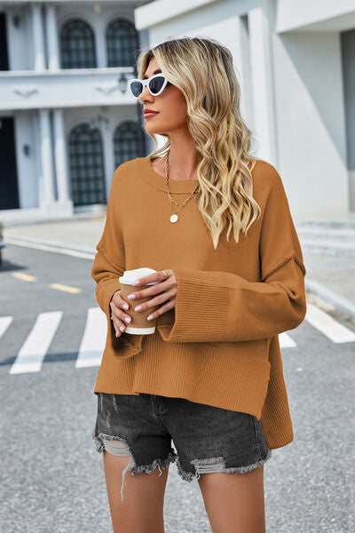 swvws High-Low Slit Round Neck Long Sleeve Sweater