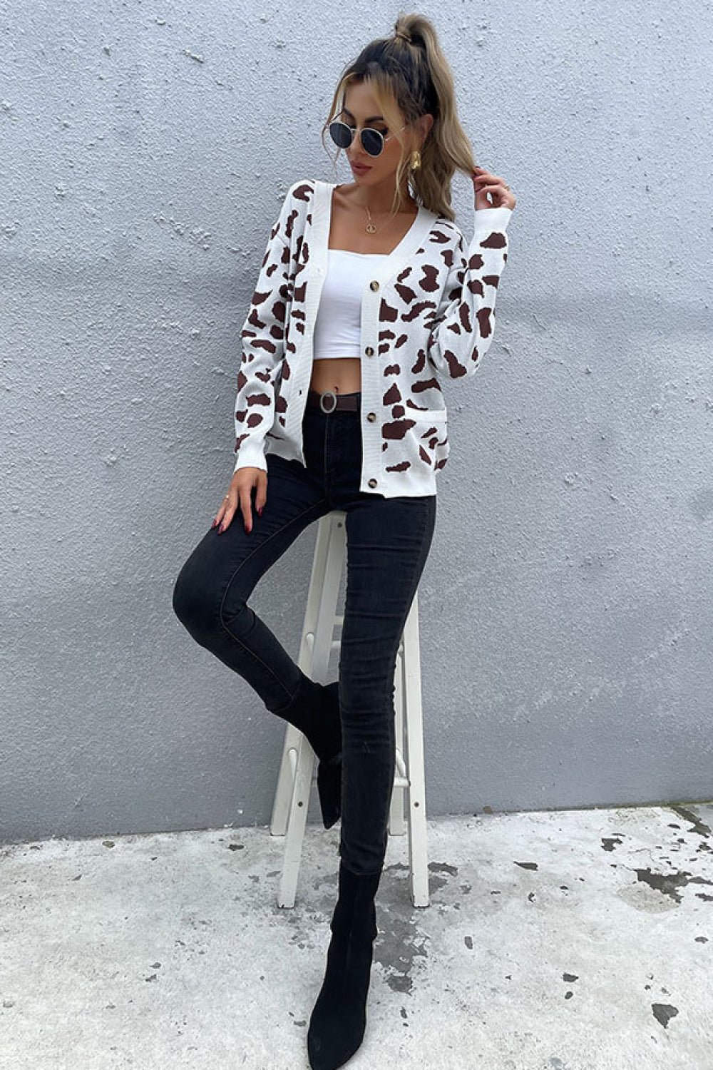 swvws Animal Print Button Front Sweater Cardigan