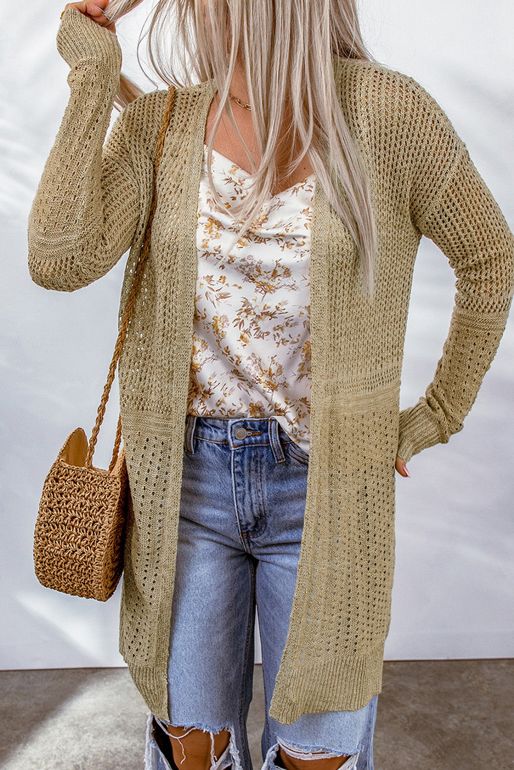 swvws Openwork Dropped Shoulder Open Front Cardigan