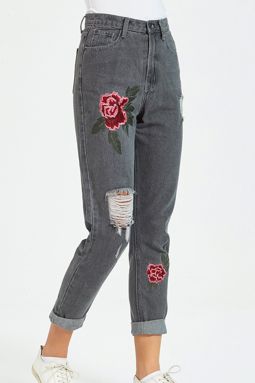 swvws Flower Embroidery Distressed Jeans