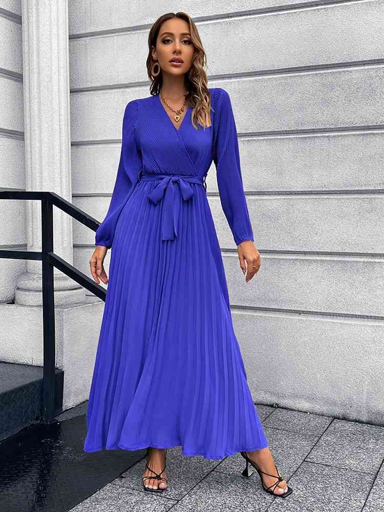 swvws V-Neck Tie Waist Pleated Maxi Dress