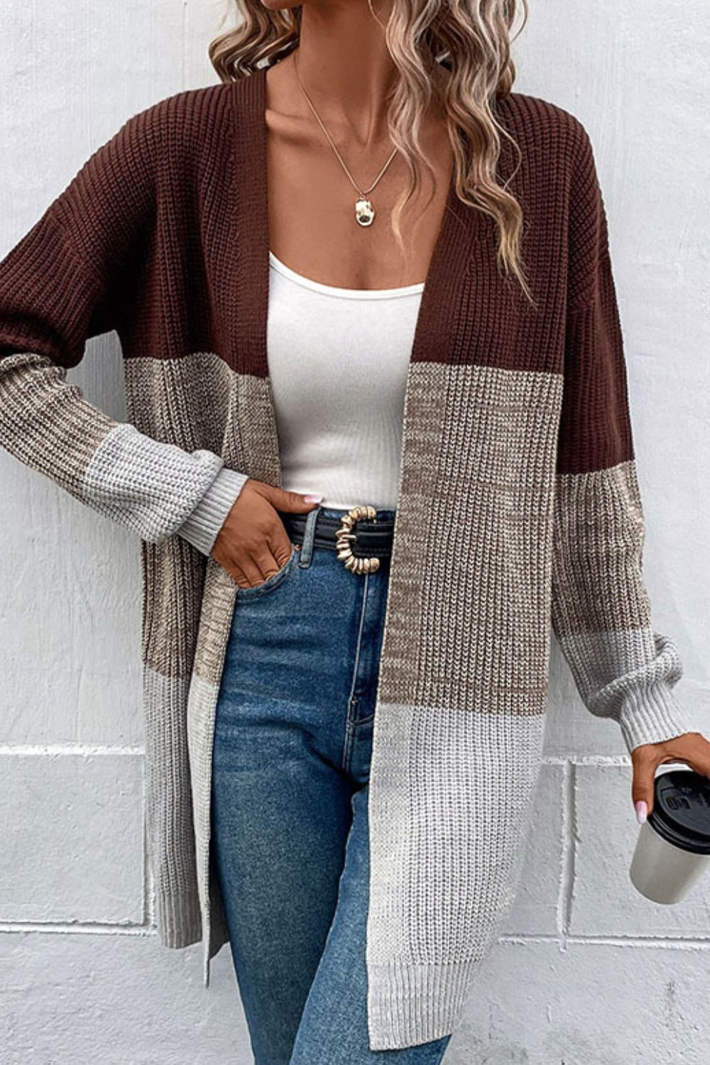 swvws Color Block Open Front Rib-Knit Longline Cardigan