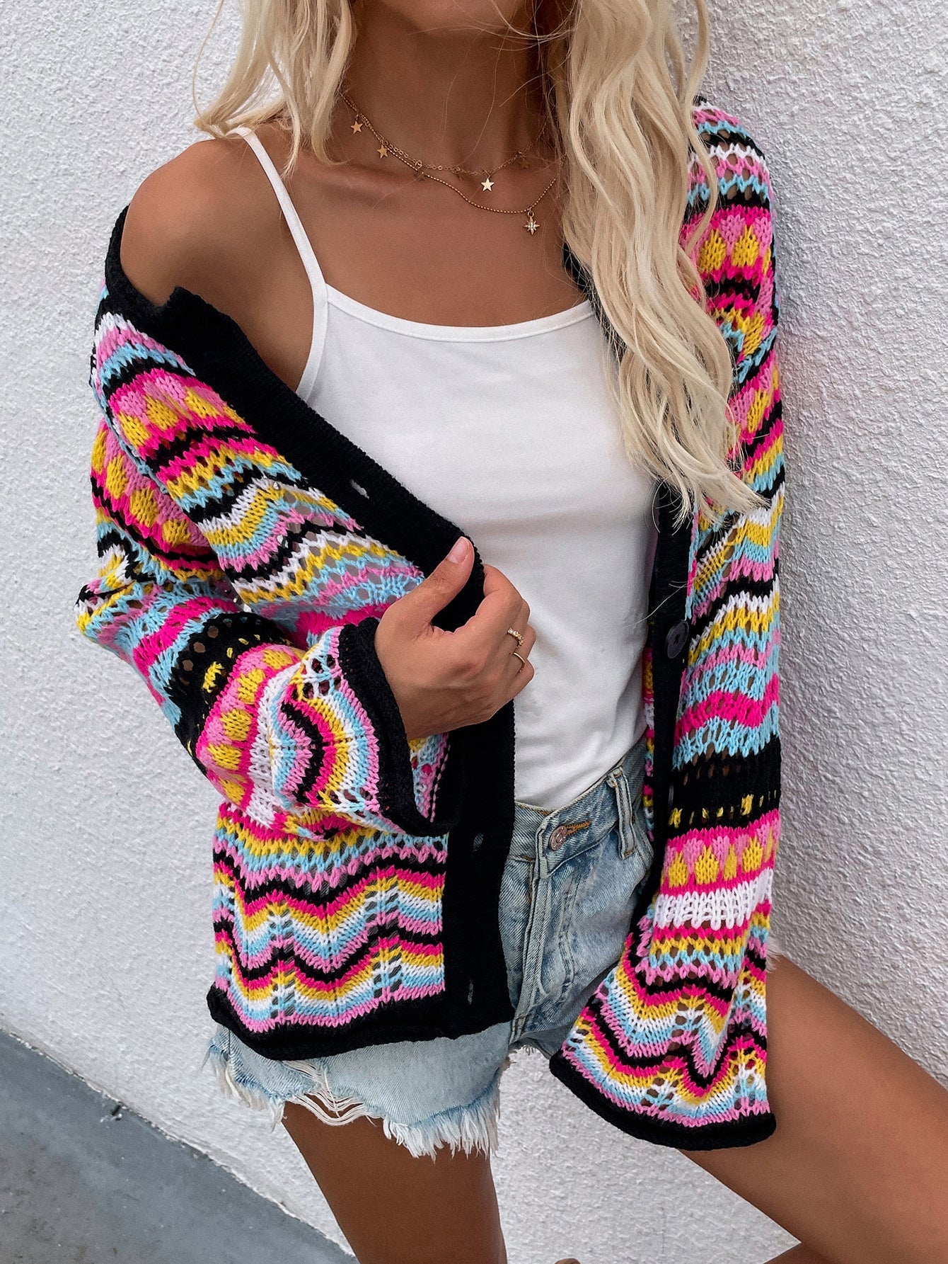 swvws Chevron Stripes Openwork Cardigan