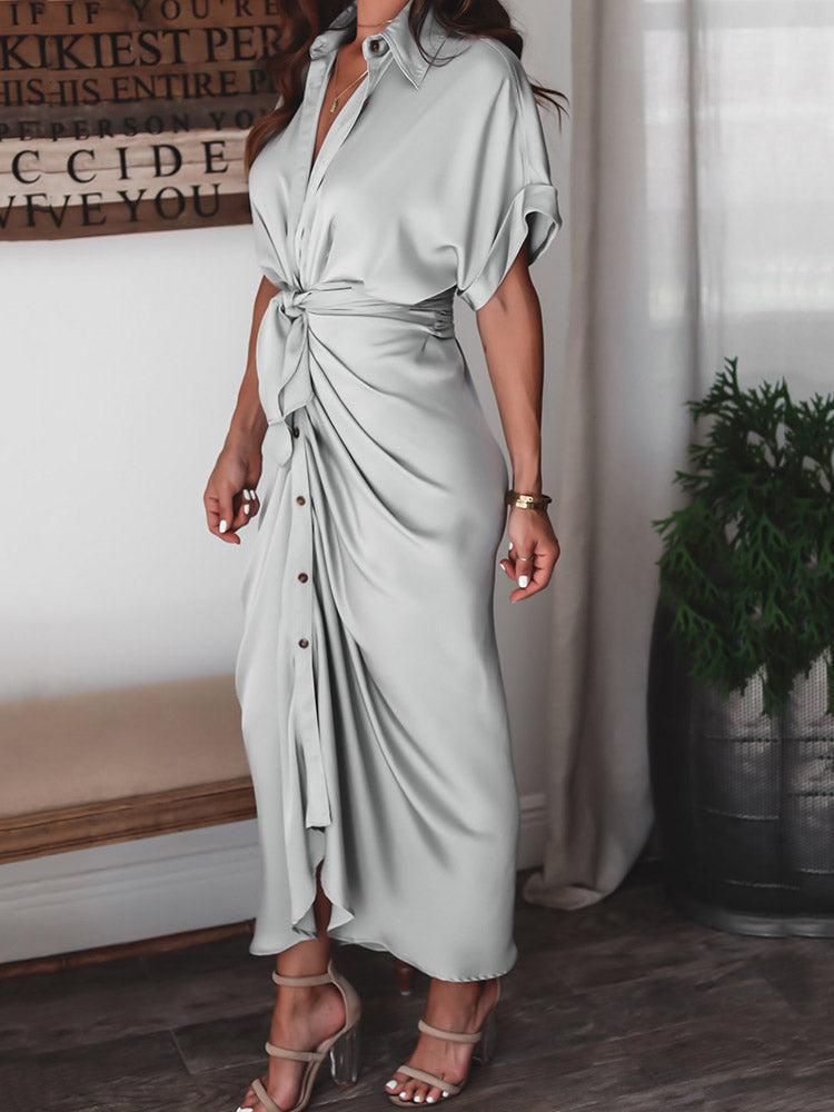 Sixsr Satin Pleated Bandage Shirt Dress