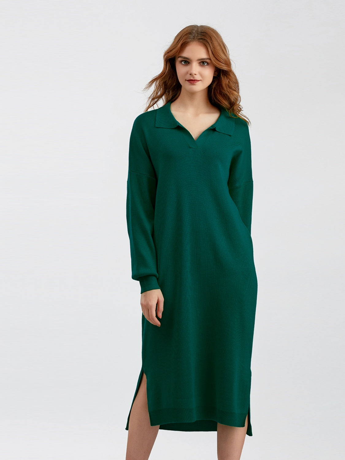 swvws Johnny Collar Long Sleeve Slit Sweater Dress