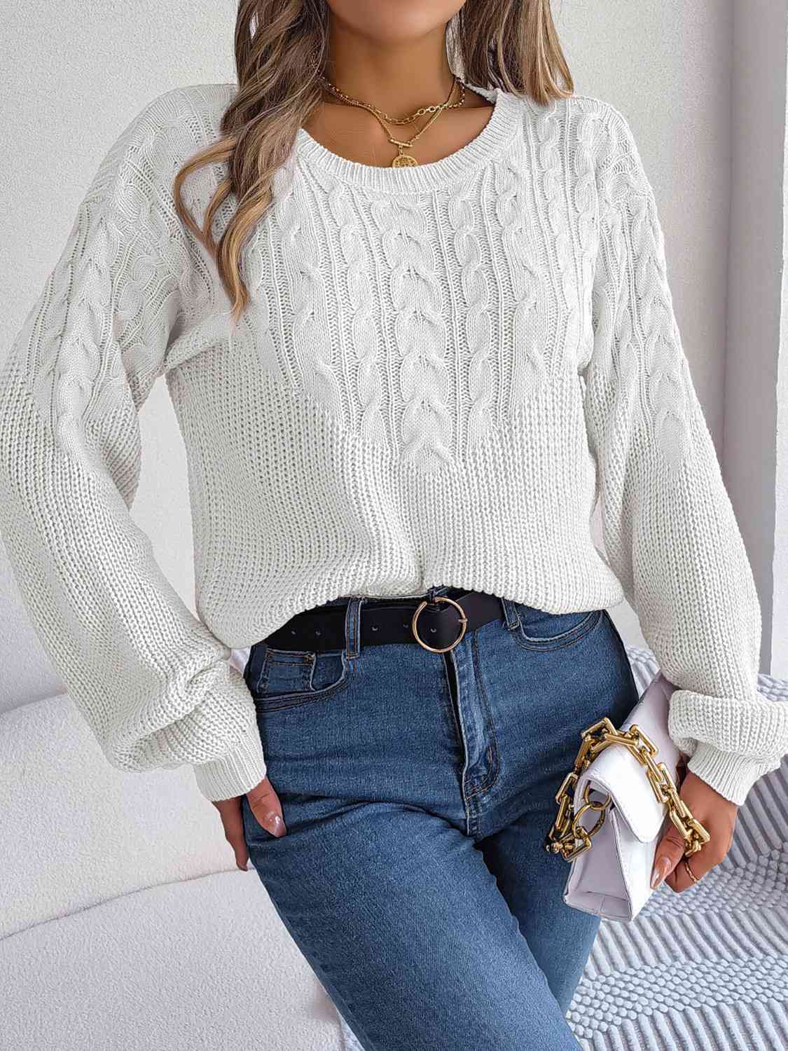 swvws Cable-Knit Round Neck Drop Shoulder Sweater