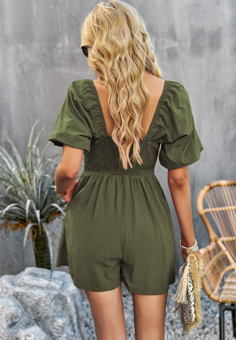 swvws Square Neck Short Sleeve Smocked Romper