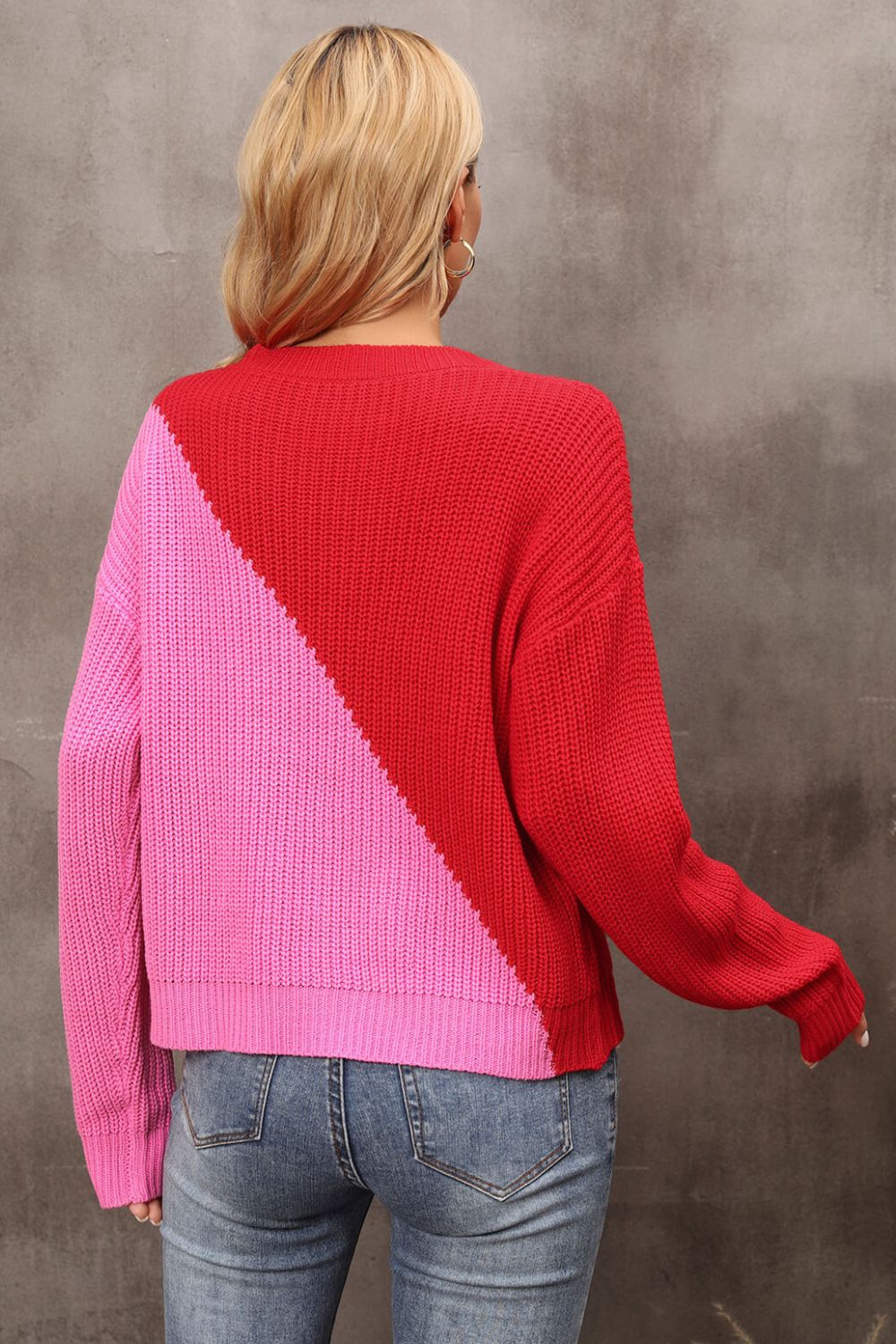 swvws Two-Tone Round Neck Dropped Shoulder Sweater