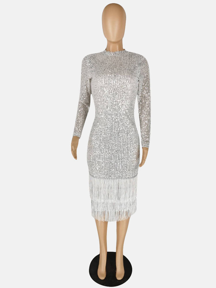 Sixsr Long Sleeves Sequin Tassel Party Dress