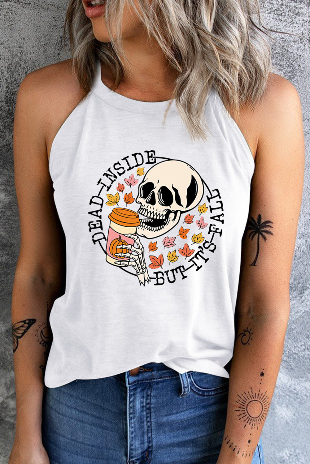 swvws Round Neck DEAD INSIDE BUT IT'S FALL Graphic Tank Top