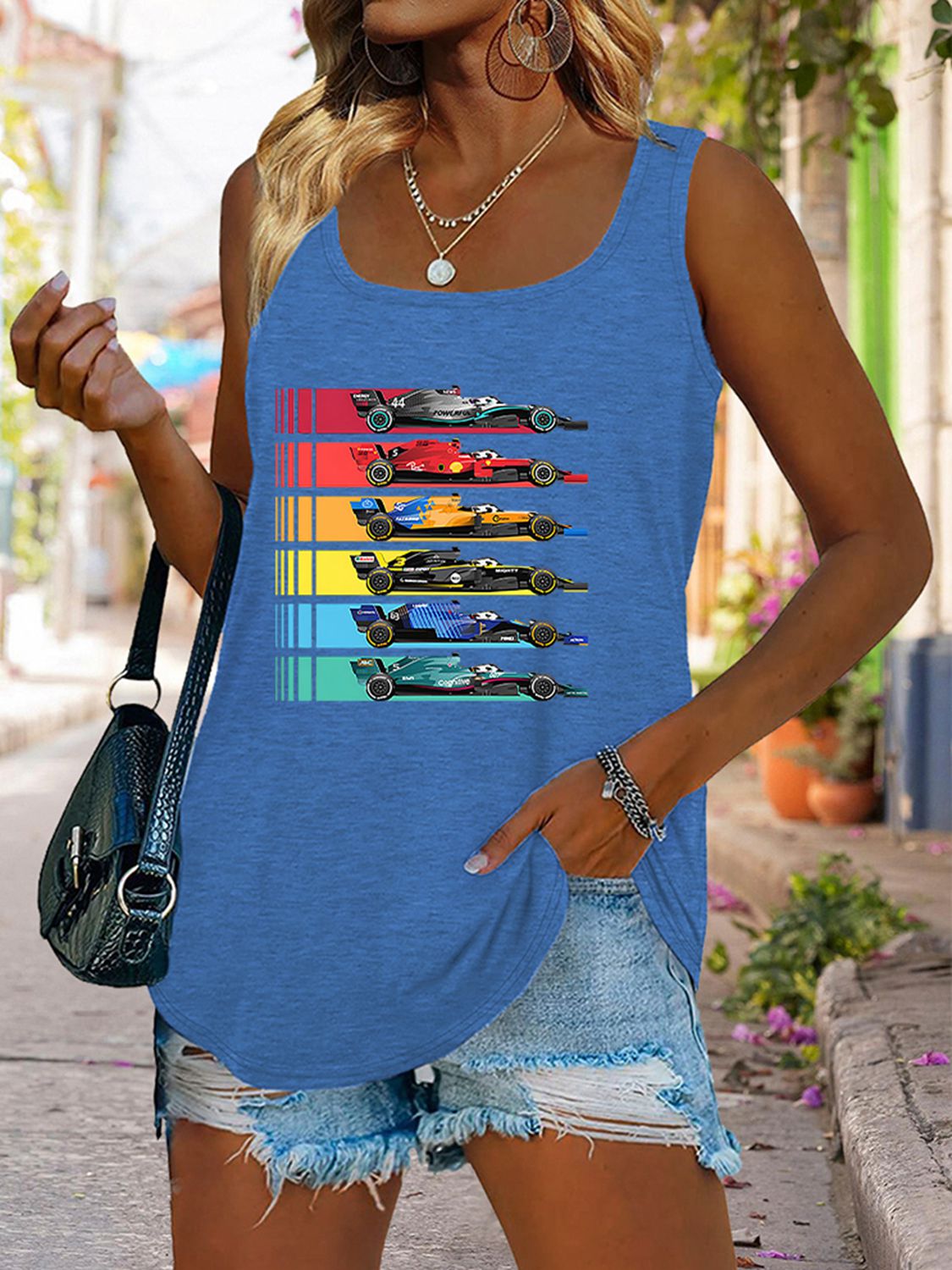 swvws Scoop Neck Race Car Graphic Tank Top