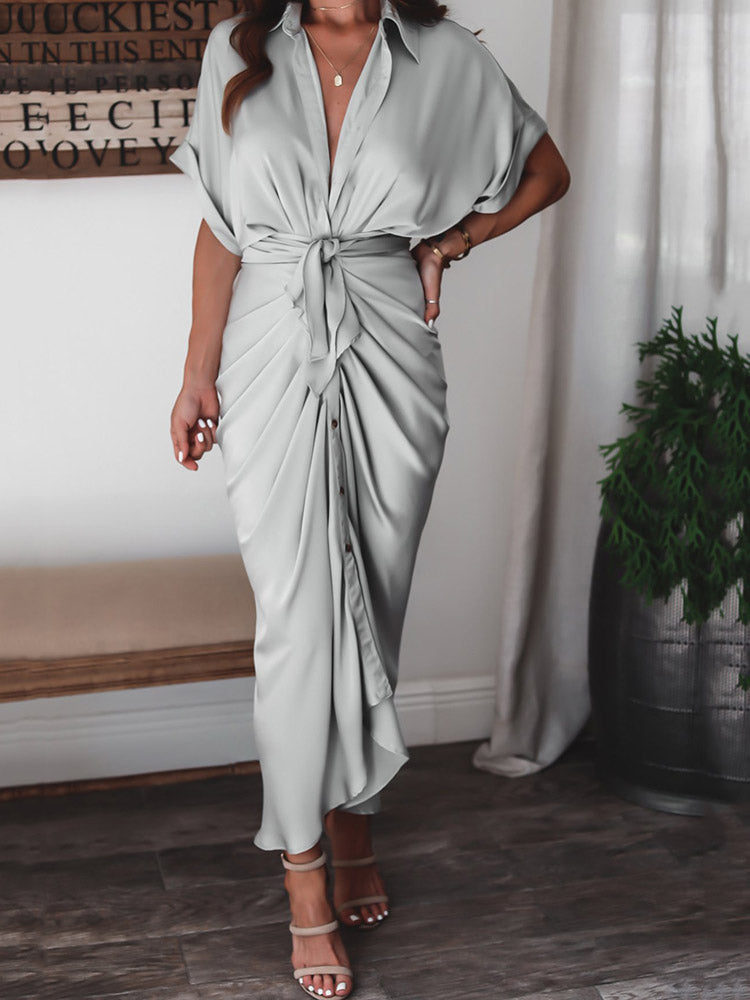 Sixsr Satin Pleated Bandage Shirt Dress