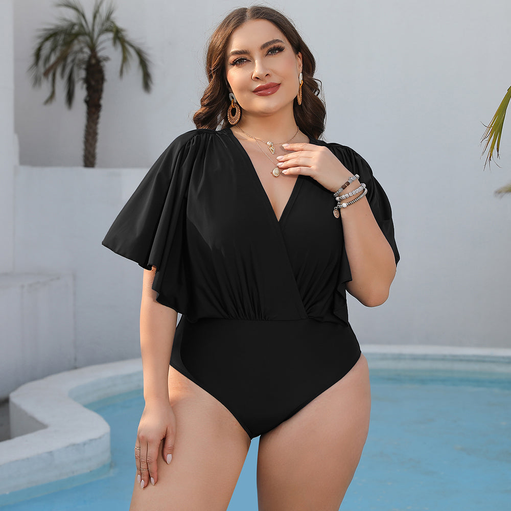 swvws Plus Size Ruched Surplice Neck One-Piece Swimsuit