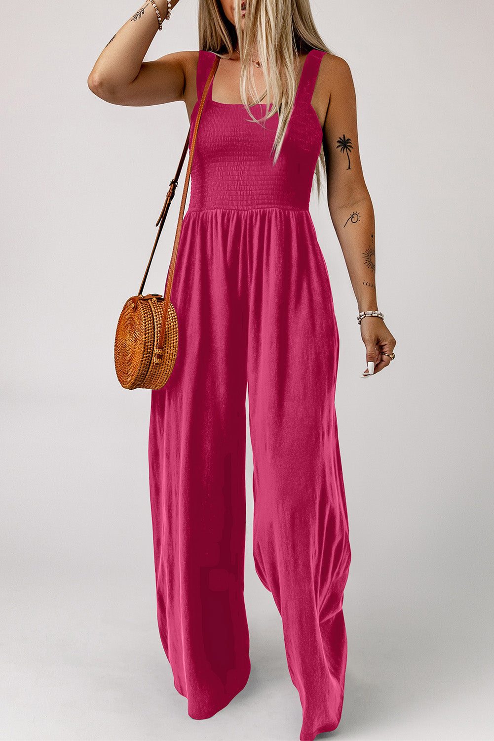 swvws Smocked Square Neck Wide Leg Jumpsuit with Pockets