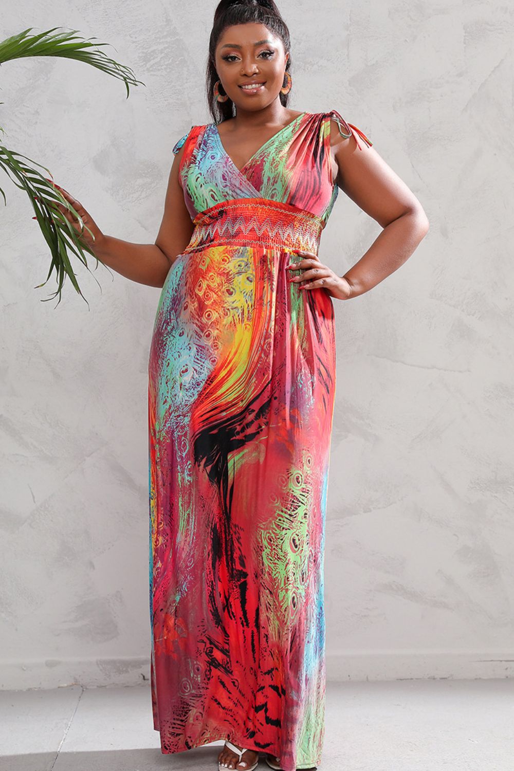 swvws Plus Size Surplice Neck Smocked Waist Maxi Dress