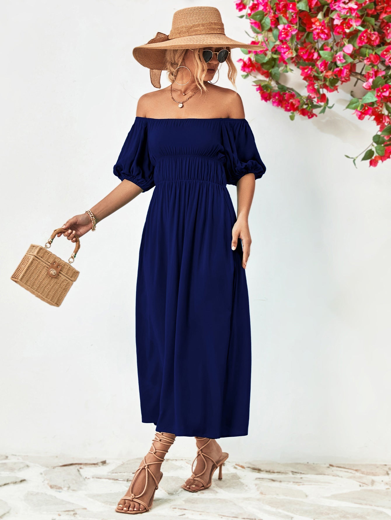 swvws Off-Shoulder Balloon Sleeve Midi Dress