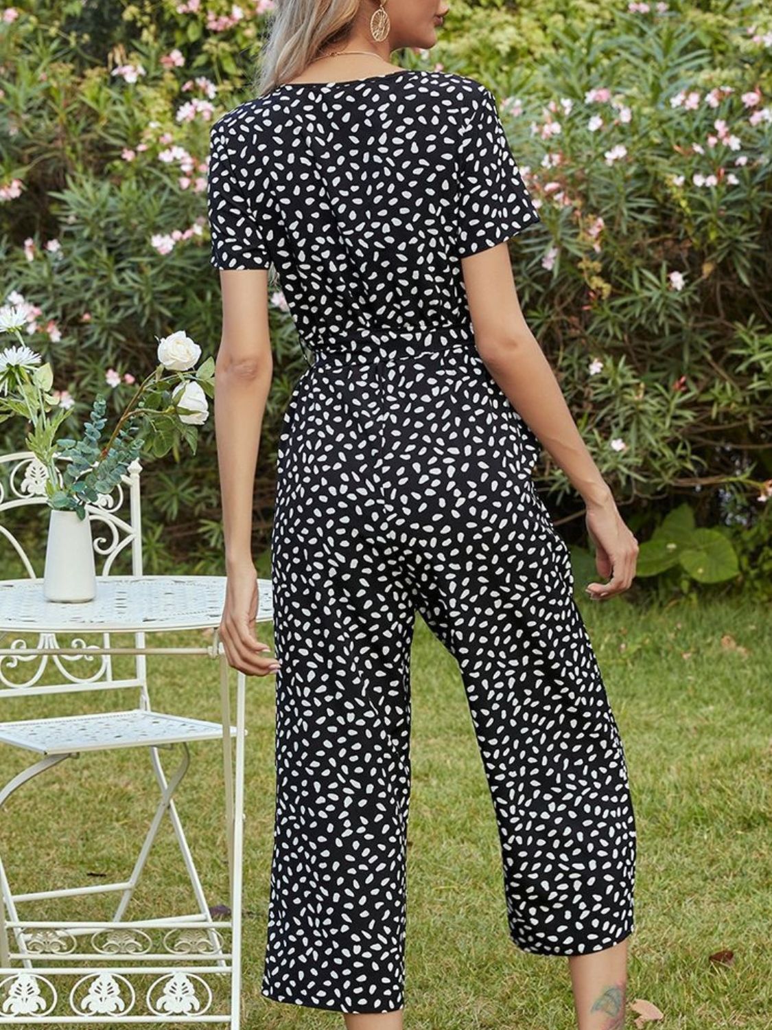 swvws Printed V-Neck Short Sleeve Jumpsuit