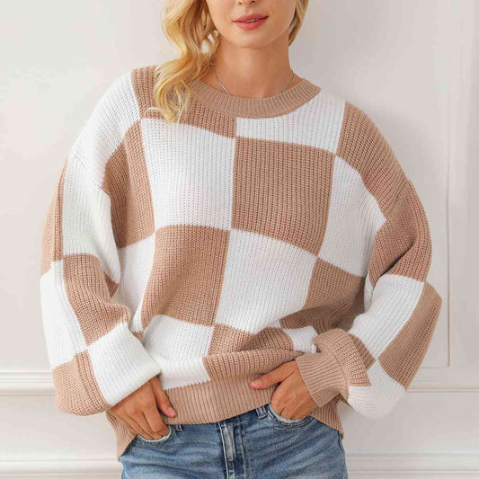 swvws Checkered Round Neck Drop Shoulder Long Sleeve Sweater