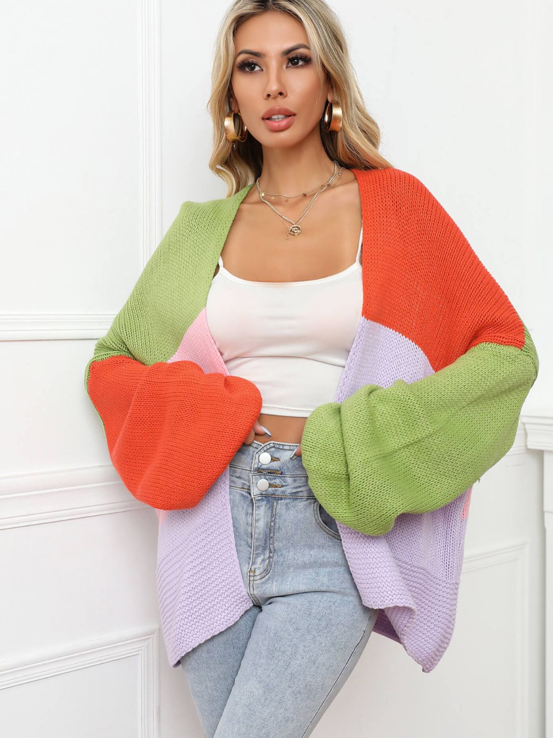 swvws Color Block Open Front Balloon Sleeve Longline Cardigan