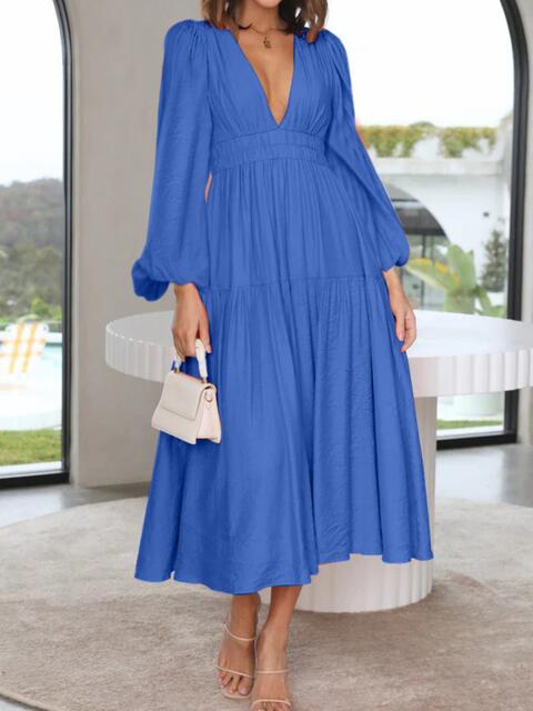 swvws Deep V-Neck Balloon Sleeve Plain Maxi Dress