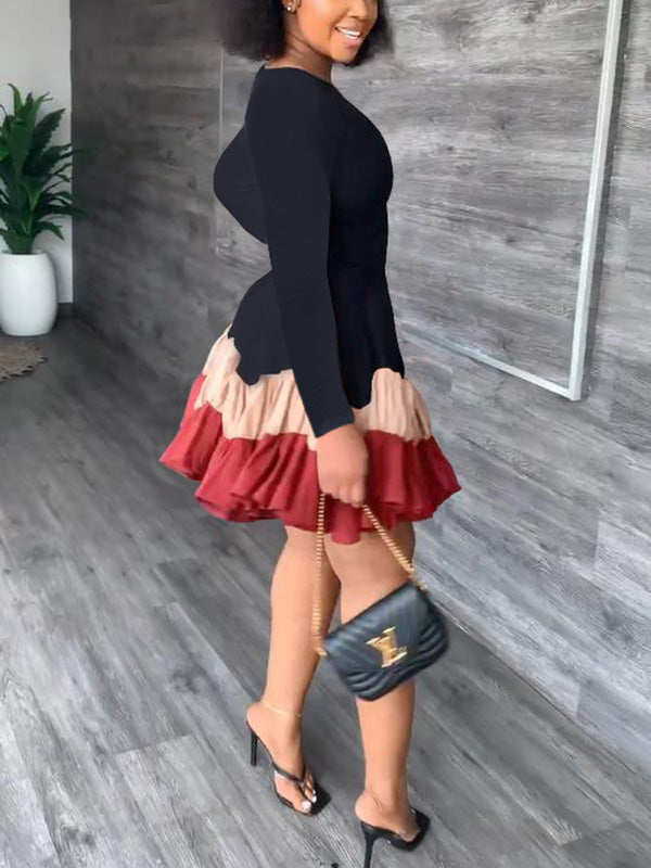 Sixsr Color Block Ruffle Mini Dress