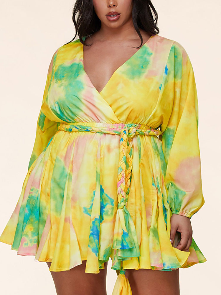 Sixsr Tie Dye With Belt V Neck Dress