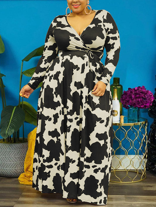 Sixsr Cow Print V Neck Wrap Dress