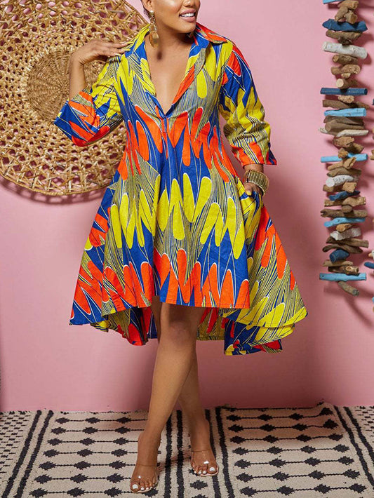 Sixsr Printed A-Line Shirt Midi Dress