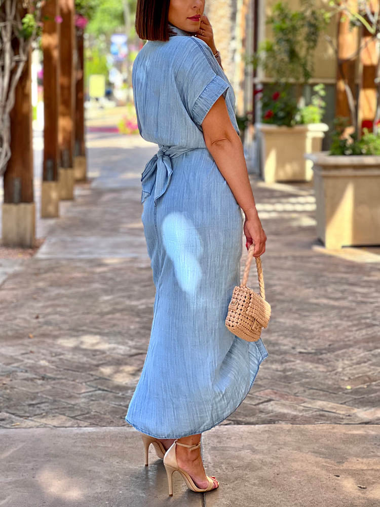 Sixsr Front Tie Denim Ruched Midi Dresses