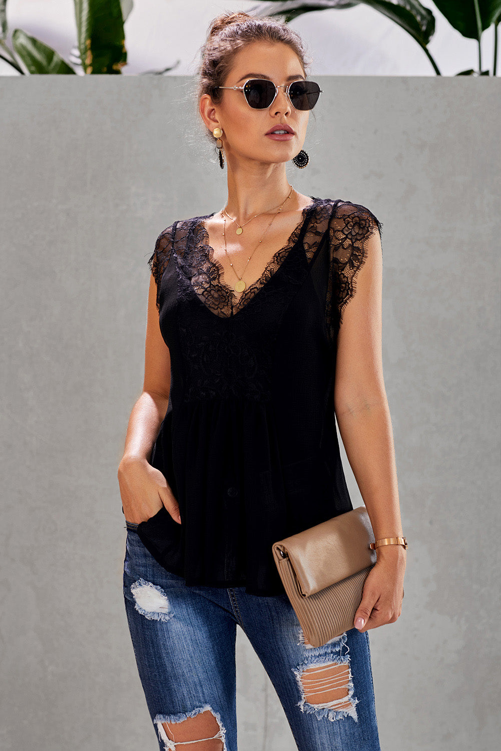 swvws Eyelash Trim Spliced Lace V-Neck Tank