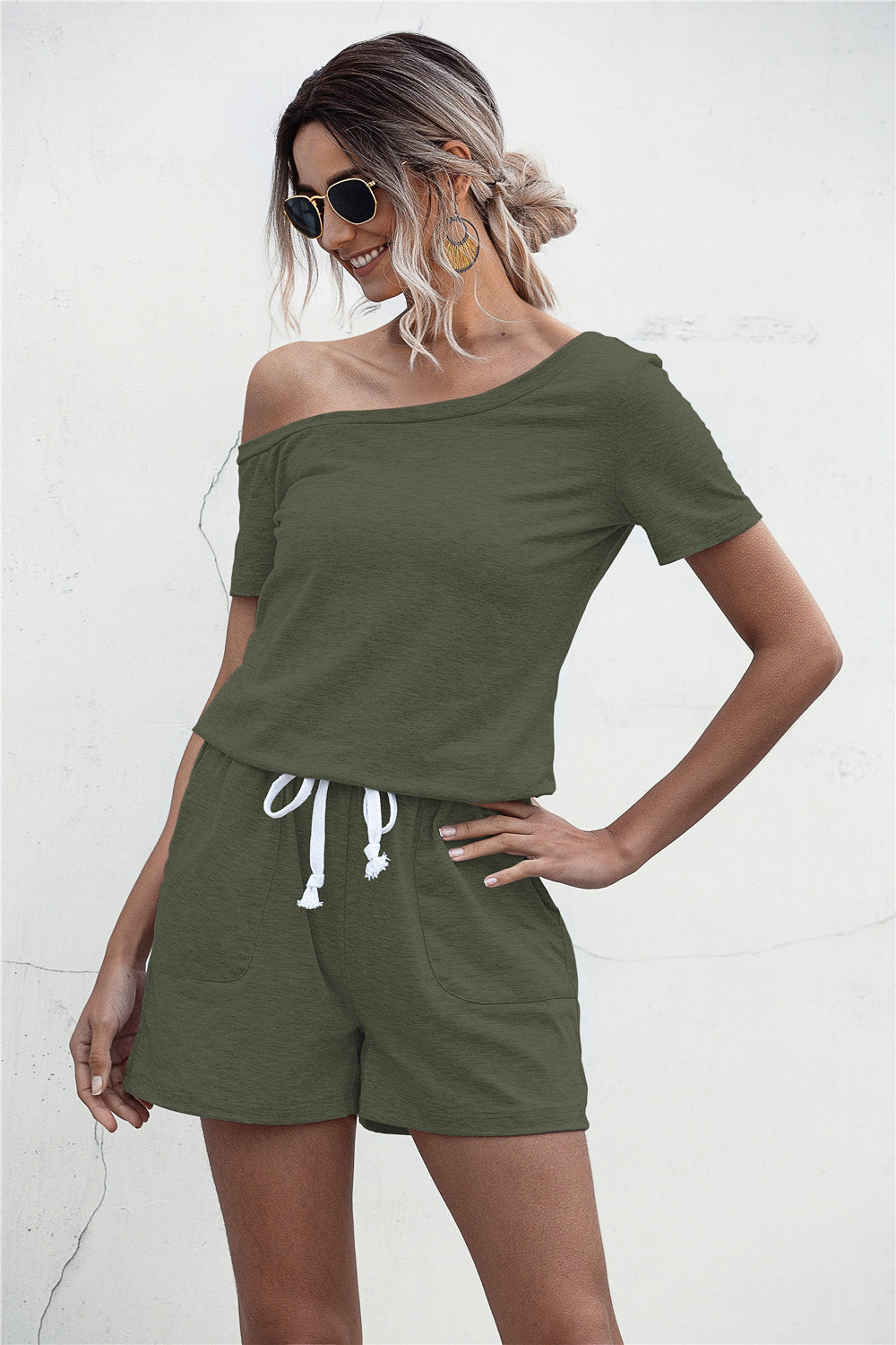 swvws One Shoulder Tie Waist Romper