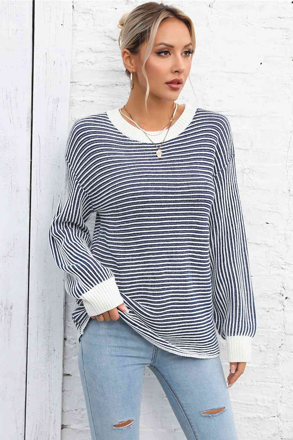 swvws Striped Round Neck Long Sleeve Knit Top