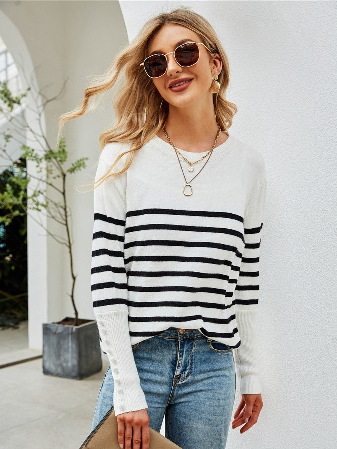 swvws Striped Decorative Button Knit Top