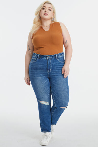 swvws BAYEAS Full Size High Waist Distressed Washed Cropped Mom Jeans