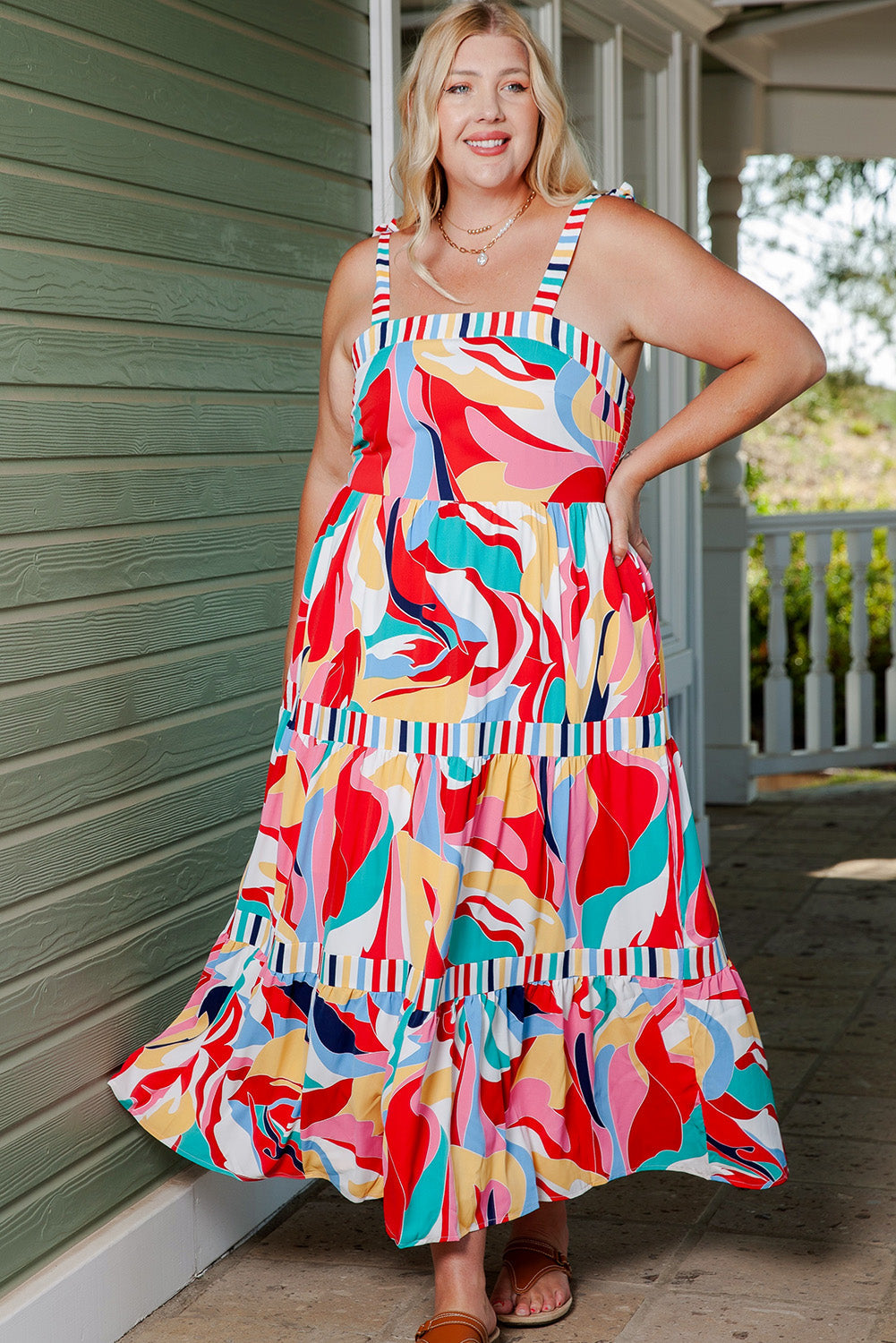 swvws Plus Size Printed Tie Straps Straight Neck Maxi Dress